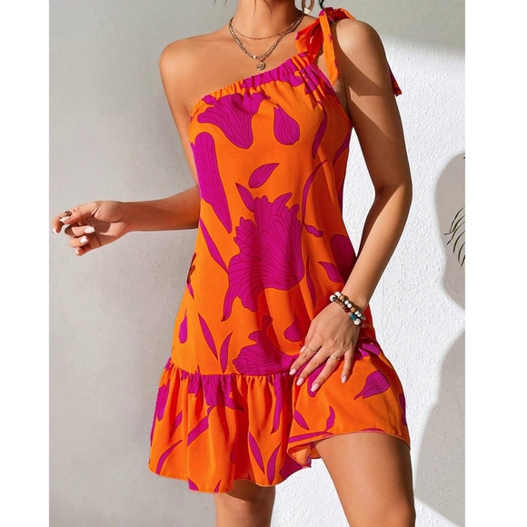 Vibrant Floral Print One Shoulder Ruffle Hem Mini Dress - Picture 4 of 8